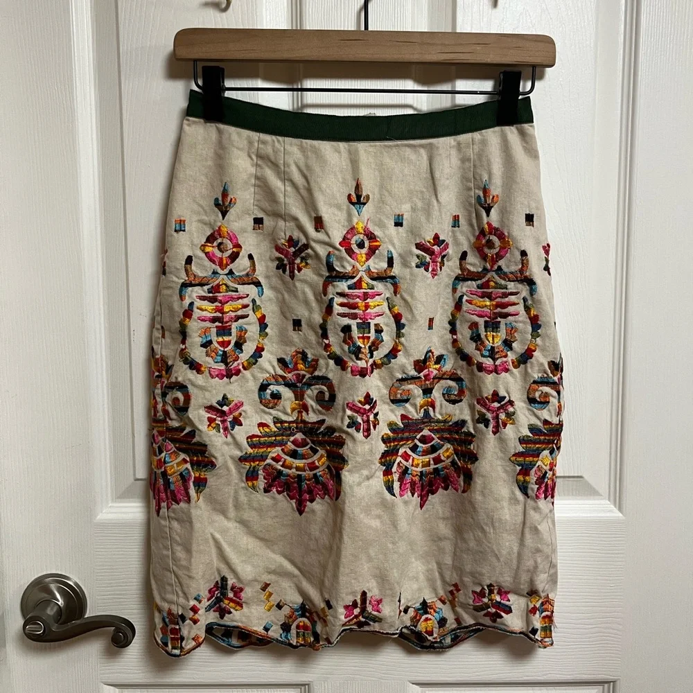 Anthropologie Cream Multicolor Embroidered Pencil Skirt - Picture 4 of 13